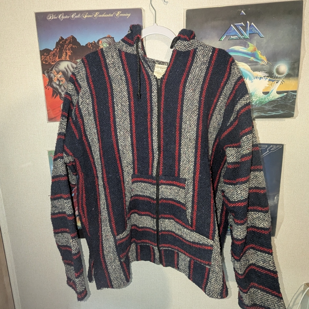 Mr. Baja Full Zip Poncho Hoodie Men's Size Large Blue Grey Red Hippie beach